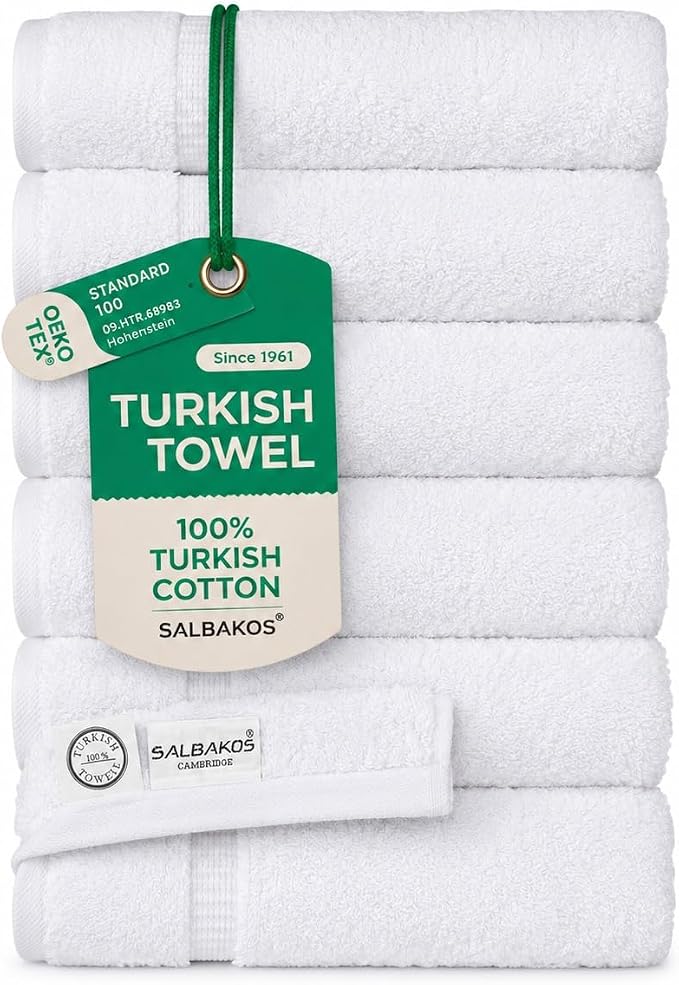 SALBAKOS 6-Piece 100% Turkish Cotton Hand Towels, 16x30 inch, White | Large Size Thick Super Soft Highly Absorbent, Versatile Hair Face & Hand Drying Towel, Premium Hotel Quality Made in Turkey