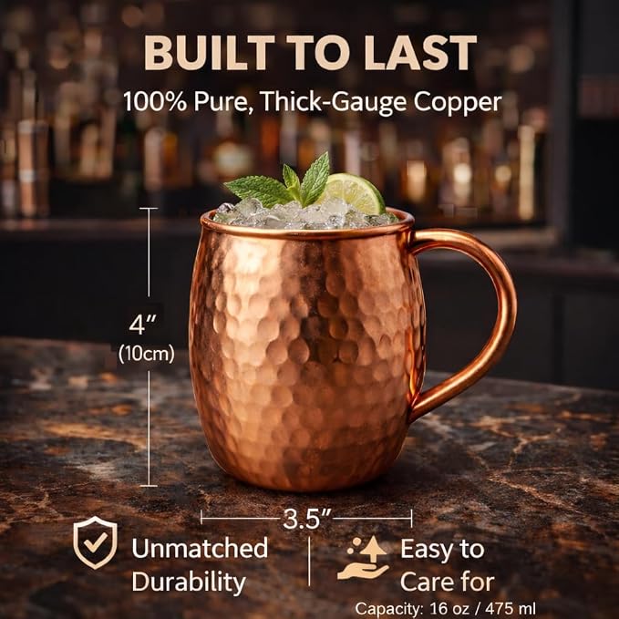 Premium Handcrafted Copper Moscow Mule Mugs Set of 4 – 16oz Hammered Solid Copper Cups, BPA-Free & Lacquer-Free, Elegant Gift Set for Cocktails, Water, Home Bar & Parties