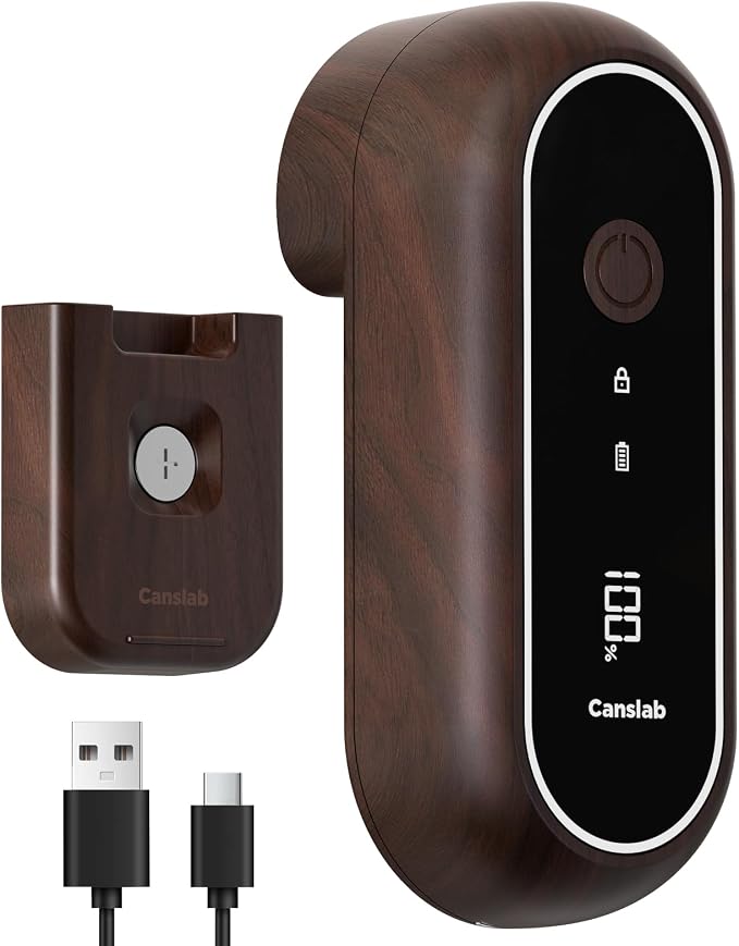 Canslab Turbo Rechargeable Electric Can Opener, LED Battery Life Display | Smart Auto Stop Can Opener for Seniors, Safe Touchable Smooth Edge, One Touch Hands-free, Wall-mountable, Walnut Wood Pattern