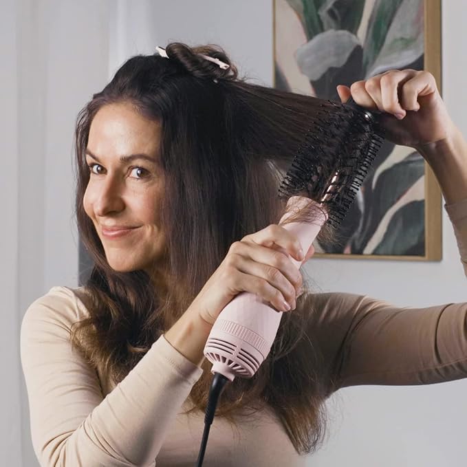L'ANGE HAIR Le Volume 2-in-1 Titanium Blow Dryer Brush | Frizz Control Blowout Hair Dryer Brush For Drying And Straightening | Volumizing Hot Air Styler For All Hairstyles | Oval Barrel | Blush - 75mm