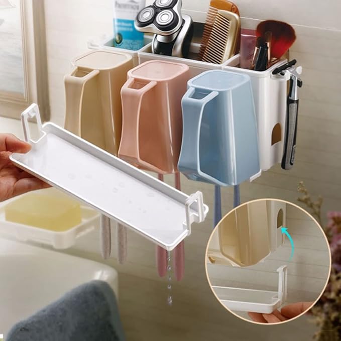 Toothbrush Rack Wall-Mounted Toothbrush Holder Bathroom Toothbrush Holder with Three Sinks with Cups for Toothpaste and Makeup Bathroom Toothbrush Holder