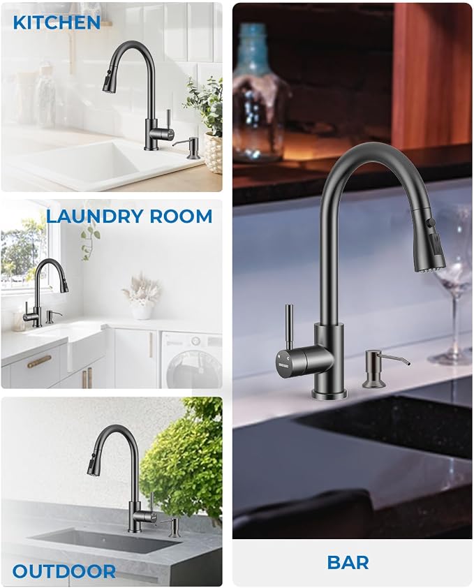 WEWE Kitchen Faucet with Pull Down Sprayer and Soap Dispenser, Matte Gray High Arc Single Handle Stainless Steel Sink Faucet, Suitable for Farmhouse, RV & Laundry