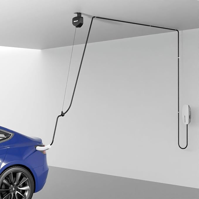 EV Charger Cable Retractor - 11.5ft Ceiling Mounted Automatic Retractable Cable Organizer for Electric Vehicle Charging, Universal Fits 95% of EV Charging Cables