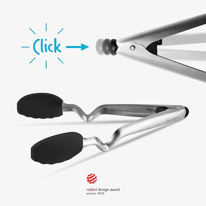 Dreamfarm Clongs Grippy Silicone & Stainless Steel Kitchen Cooking Tongs with Click-Lock Open & Close - 9" Black | Stainless steel, strong-grip non-stick safe tips, one-handed button lock open and close, sit-up handles for mess free benches