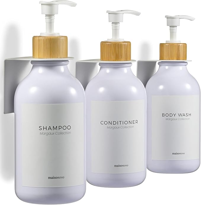 Shampoo and Conditioner Dispenser Wall Mounted Set of 3 White Bamboo - No Drill Shower Soap Dispenser for Bathroom Refillable - Spa Hotel Style Accessories by MaisoNovo
