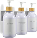 Shampoo and Conditioner Dispenser Wall Mounted Set of 3 White Bamboo - No Drill Shower Soap Dispenser for Bathroom Refillable - Spa Hotel Style Accessories by MaisoNovo