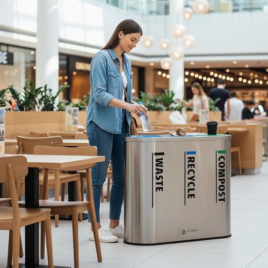 33 Gallon Stainless Steel Triple Stream Indoor Recycling Station, 3 Compartment Waste Sorting Bin with Separate Trash Recycle Compost Sections, Commercial Decorative Waste Container
