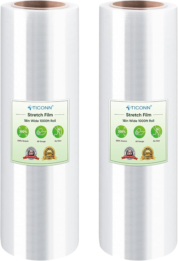 TICONN 2Pk Stretch Wrap Stretch Film Roll, 1000ft Industrial Strength 18 inch Wide Clear Plastic Wrap for Pallet Wrapping Shipping Moving (No Handle)