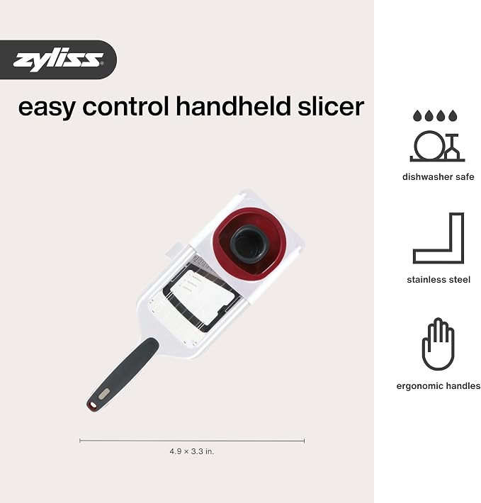 Zyliss Easy Control Handheld Slicer - Vegetable Slicer & Chopper - Fruit Cutter - Handheld Slicer with Two Stainless Steel Blades - Dishwasher Safe - White/Red, 13 inches
