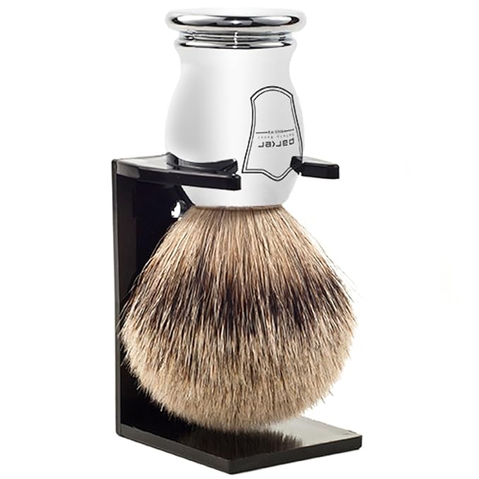 Parker 100% SILVERTIP Badger Shaving Brush – Chrome Handle & Stand – Premium 3-Band Badger Bristles for Smooth, Luxurious Lather