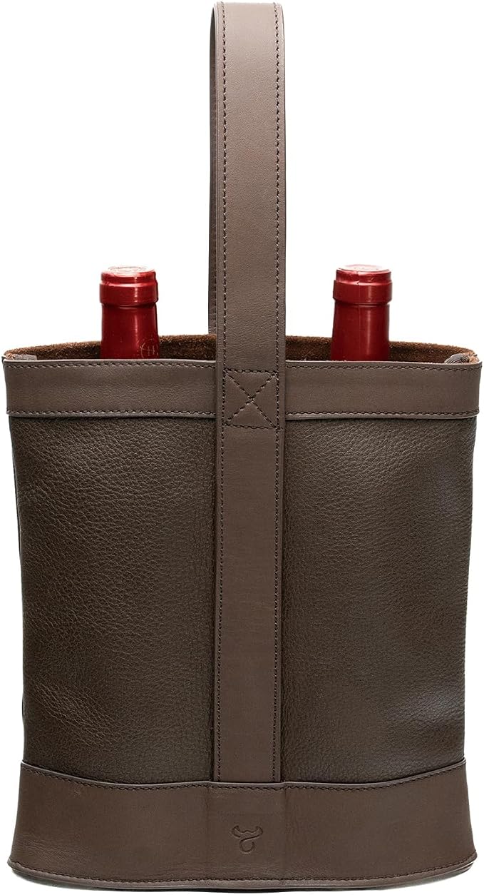 Double Wine Carrier Bag – Leather Wine Tote for Two Bottles with Handles & Metal Buckle – Protective Carrier for Picnic, Wine Champagne Gift Bag (Moka)