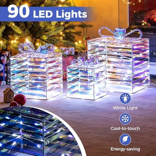 Tangkula Set of 3 Christmas Lighted Gift Boxes, Christmas Decorations