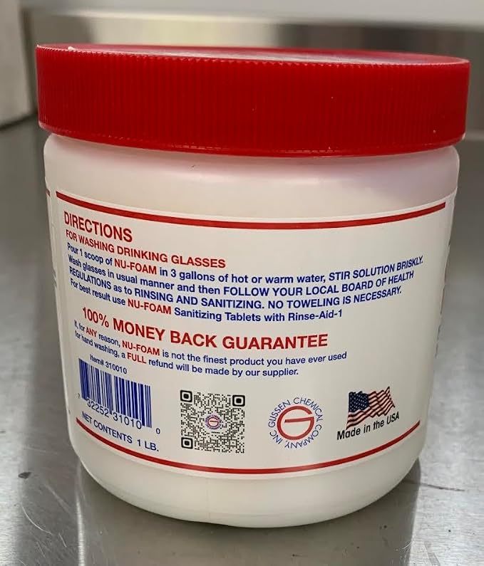 Nu-Foam Glass Washing Powder - Detergent for Bar Glassware – Original Streak-Free Solution - Hand Washing Bar, Tavern, Brewery Supplies - Concentrated 1 Lb Jar
