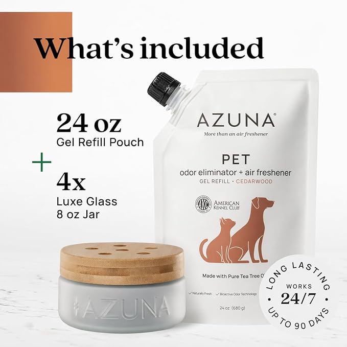 Azuna Pet Odor Eliminator for Strong Odor | 4 Room Kit Includes (4) Empty Luxe Glass Jar & 24oz Gel Refill | Plant Powered | Dog and Cat Room Deodorizer | Pet and Child Friendly | Cedarwood Scent