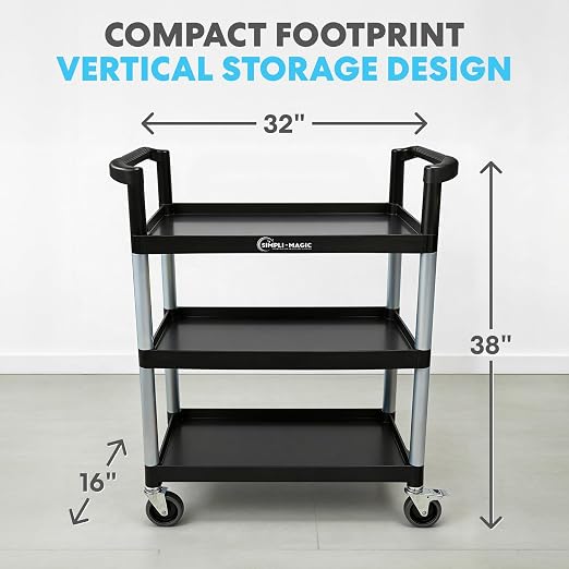 Simpli-Magic Rolling Utility Cart on Wheels, Heavy Duty Multi-Purpose Service Cart, Silver & Black, Garage, Warehouse & Commercial Use