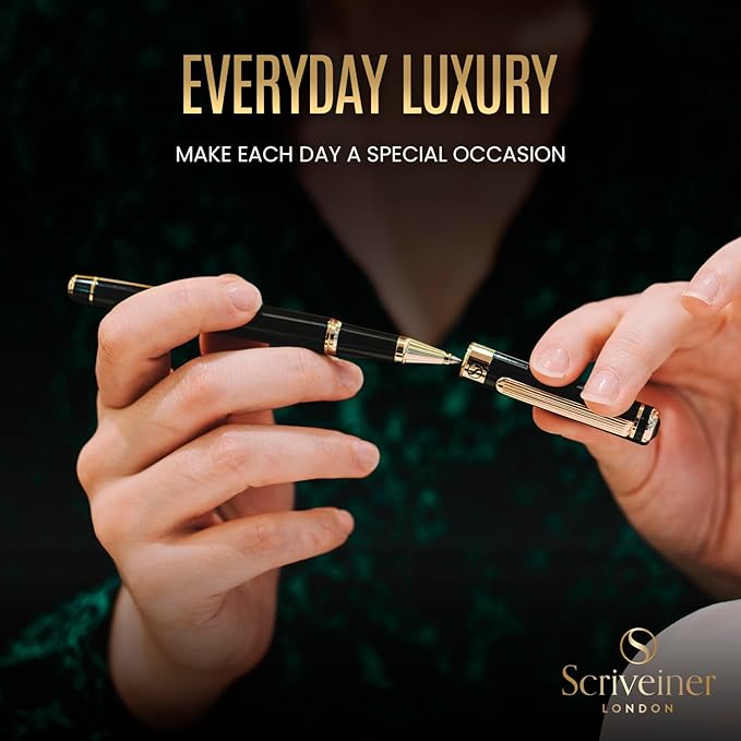 Scriveiner Personalized Black Rollerball Pen - Stunning Luxury Pen, Jet Black Lacquer & Real Gold Plating, Schmidt Ink Refill, Best Engraved Roller Ball Gift for Men & Women, Custom Name Engraving
