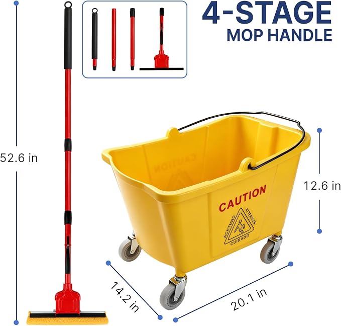 Mop Bucket on Wheels, Commercial Sponge Mop and Bucket Set for Floor Cleaning with 2 Compressed Cellulose Replacement Heads, Heavy Duty Industrial Mops for Hardwood Tile for Office Workshop Warehouse