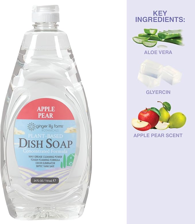 Ginger Lily Farms Botanicals Plant-Based Liquid Dish Soap, Concentrated Formula with Max Grease Cleaning Power, Cruelty-Free, Apple Pear Scent, 24 Fl Oz