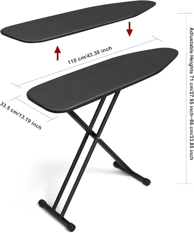 Duwee 13"×43" Ironing Board with Heat Resistant Cover Thicken Felt Pad | Folding Adjustable Height Compact Ironing Board,Strong Legs,Black
