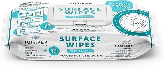 Juniper CLEAN 1 Pack Surface Cleaning Wipes Bleach Free, All-Purpose Cleaner for Bathroom, Kitchen, Office, 72 Count Soft Flow, Fresh Scent, Lint Free & Durable