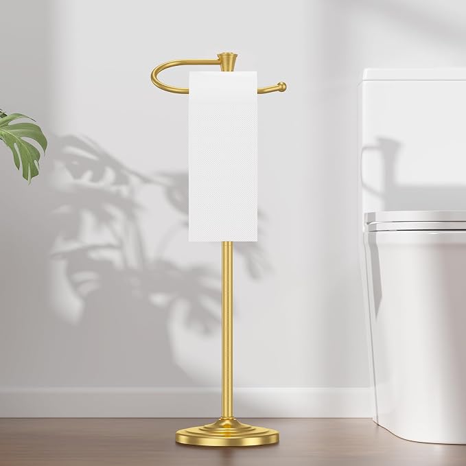 Toilet Paper Holder Free Standing, 25” H Stainless Steel Brass Gold Toilet Paper Stand, Weighted Base Floor Tissue Roll Holder for Bathroom,Toilet Roll Stand