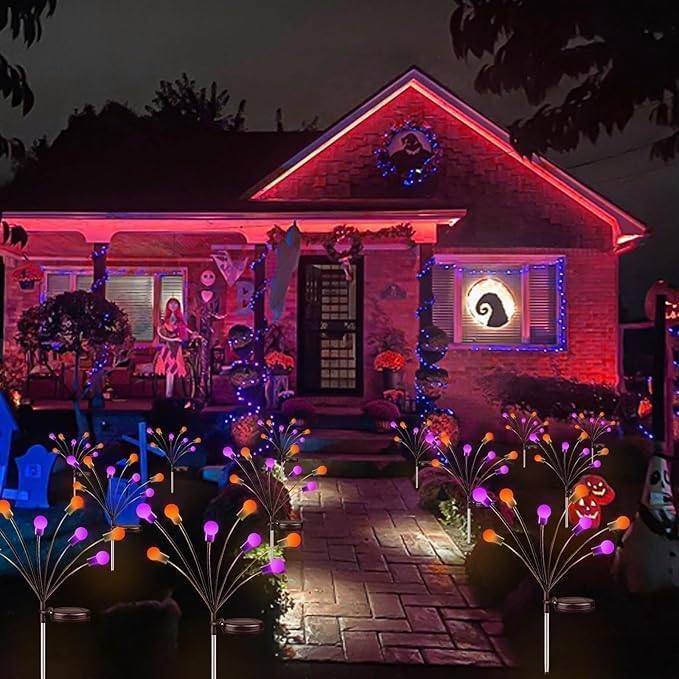 OZS 6Pack 48LED Solar Firefly Halloween Lights Outdoor for Party Decor | Purple Orange Lights for Halloween Decorations, Swaying Firefly Effect, IP65 Waterproof, 2 Modes for Path Garden Yard