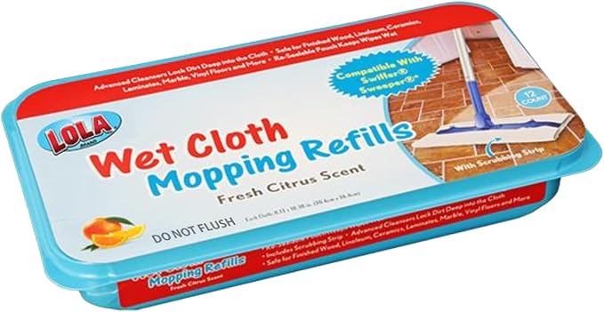 LOLA Wet Mopping Pad Refills, 12 Pack, Swiffer Sweeper Compatible w/Scrubbing Strip, Fresh Citrus Scent