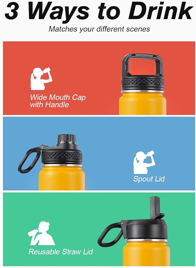 Coolflask Water Bottle 20 oz Insulated with Straw, Stainless Steel Metal 3 Lids Water Flask Wide Mouth for Sports or Office, Non-BPA Keep Cold Up to 48 Hrs or Hot Up to 24 Hrs, Ombre Yellow/Orange