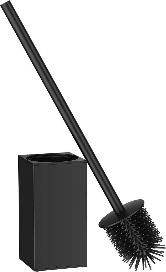 FORIOUS Short Toilet Brush and Holder Set, Heavy Duty 304 Stainless Steel Base Square and Long Handle for Bathroom Deep Cleaning, Drip-Proof, Space Saving for Storage, 2 Toilet Bowl Brush Head, Black