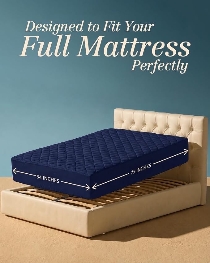 Quilted Fitted Mattress Pad, Full Mattress Protector Topper with Deep Pocket Stretches up to 16 Inches, Machine Washable Mattress Cover by Utopia Bedding (Navy)