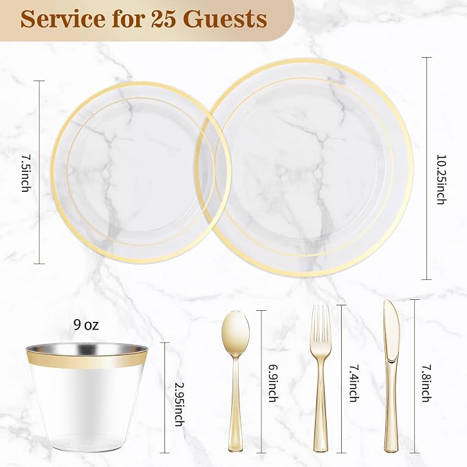 BESTVIP 150PCS Plastic Dinnerware Set (25 Guests), Clear Gold Disposable Plates for Party, Wedding, Christmas, Anniversary, Includes: Dinner Plates, Dessert Plates, Cups, Spoons, Forks and Knives