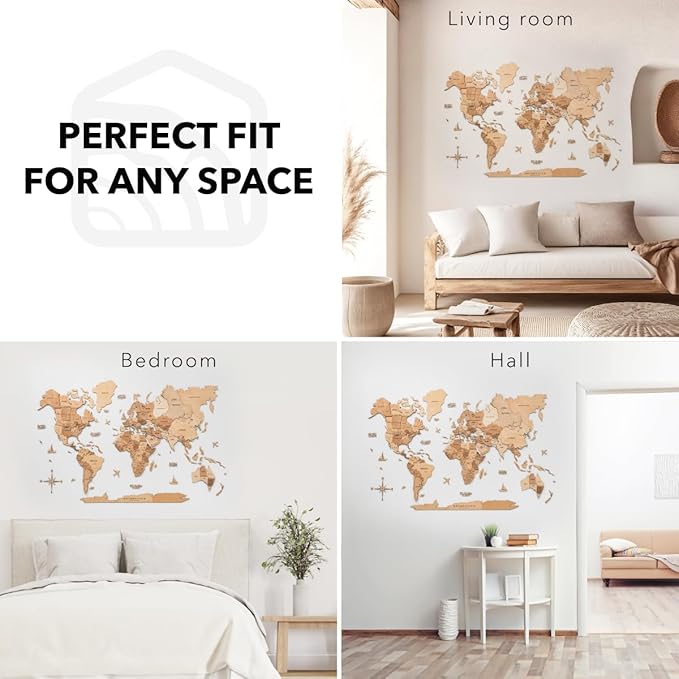 ENJOY THE WOOD 3D Wood World Map Wall Art Large Wall Décor - World Travel Map - Any Occasion Gift Idea - Wall Art for Home & Kitchen or Office (Light, Large)