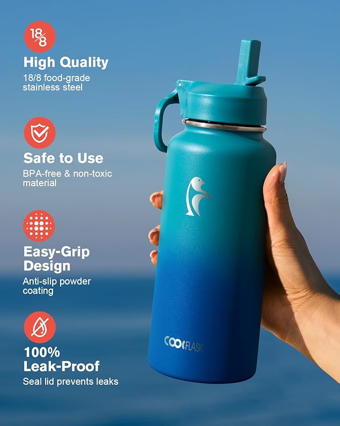 Coolflask Water Bottle 32 oz Insulated with Straw, Stainless Steel Metal 3 Lids Water Flask Wide Mouth for Sports or Office, Non-BPA Keep Cold Up to 48 Hrs or Hot Up to 24 Hrs, Indigo Blue