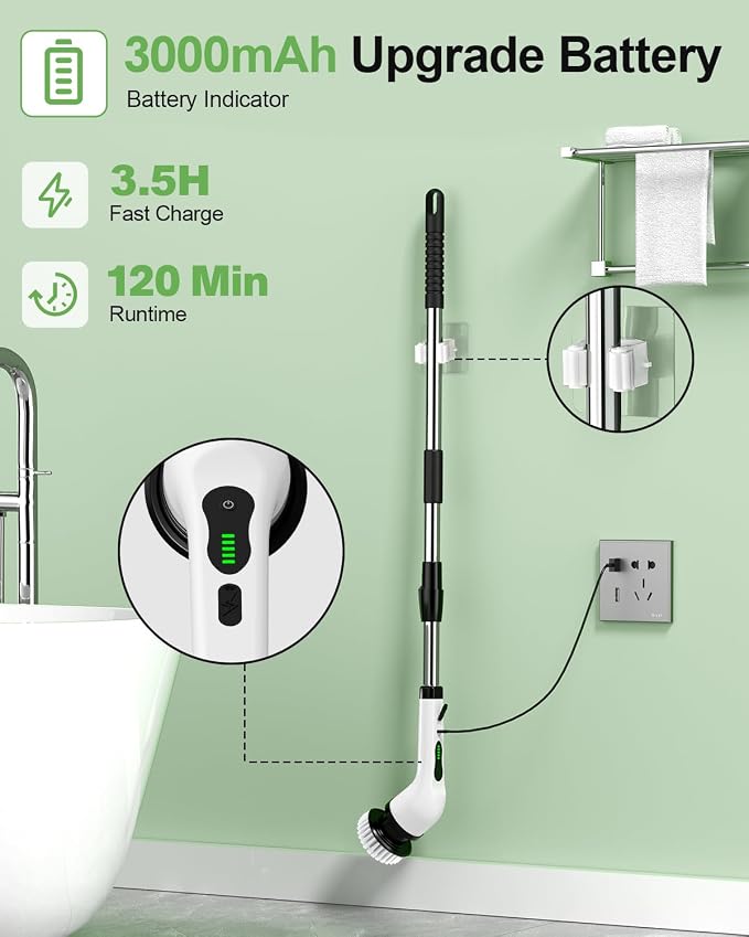 Cordless Electric Spin Scrubber, 9 Brush Heads, 2-Speed Motor | Floor cleaning, bathroom scrubber, tile floor scrubber, extension arm, IPX7 waterproof, tub, sink, grout, wet- dry vacuum