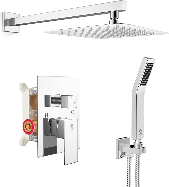 SR SUN RISE Polished Chrome Square Rainfall Shower Head and Handle Set, Wall Mounted Shower Fixtures, Metal Shower Faucet Trim Repair Kits (With Shower Valve)