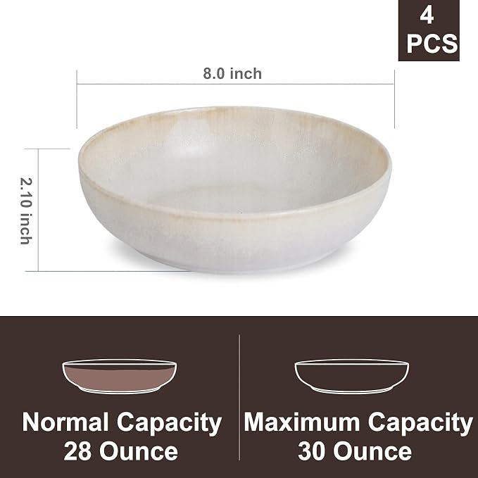 30oz Ceramic bowls set of 4-8" serving bowls for Kitchen,Pasta,Salad-Dishwasher & Microwave Safe Perfect for Housewarming, Thanksgiving, Christmas-Reactive Glaze Mixed White