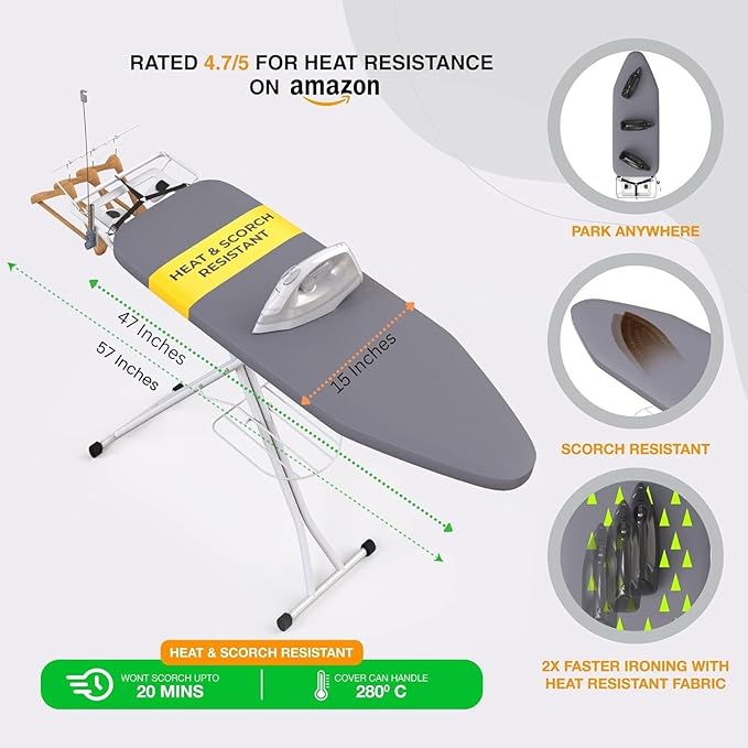 Ironing Board 57" x 15" Foldable with Wall Hanger | Height adjustable 30" - 36", full-metal frame, scorch & heat-resistant cover, iron rest, anti-slip feet, Cord Holder
