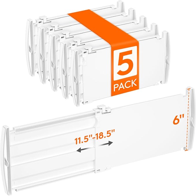 Lifewit 6" Tall 5 Pack Drawer Dividers, 11.5"-18.5" Adjustable Deep Drawer Organizer Clothes, Expandable White Plastic Separators for Dresser, Kitchen, Cabinet, Closet, Office Organization & Storage