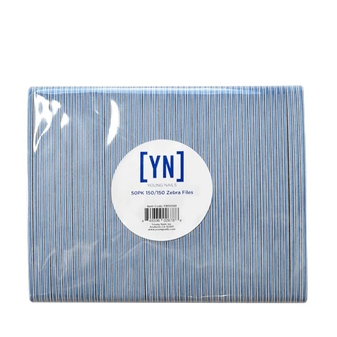 Young Nails Professional Nail File - 150/150 Grit Zebra Files, 50 Pack - Double Sided Ergonomic Emery Boards for Natural Acrylic Gel Nails, Perfect for Nail Techs or DIY Nails At Home