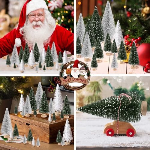 30Pcs Mini Christmas Trees Artificial Christmas Tree Bottle Brush Trees with Wooden Base for Christmas Decor Party Home Table Craft Decorations(Green+Silver+White)