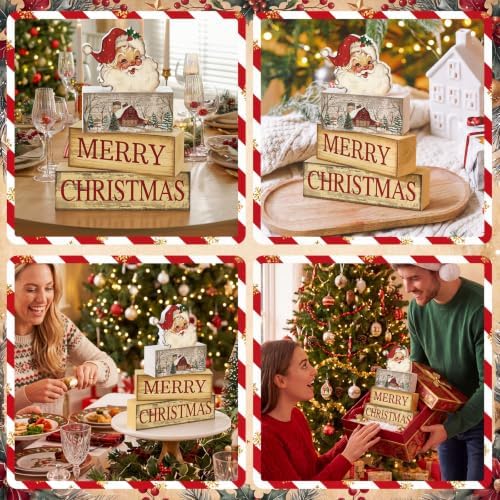 Lineshading 4 Pcs Vintage Christmas Table Decoration Wooden Santa Claus Decor Merry Christmas Tiered Tray Decor Decorative Santa Claus Block Sign Gift Farmhouse Xmas Table Centerpiece for Home Kitchen