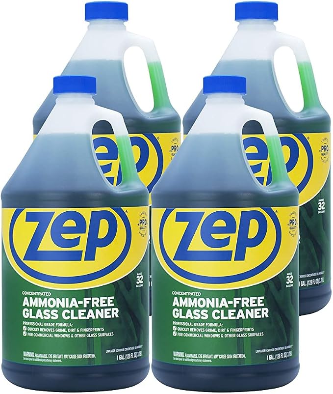 Zep Ammonia Free Glass Cleaner Concentrate - 1 Gallon (Case of 4) ZU1052128 - Professional Grade Formula Removes Dirt, Fingerprints, and Grime from Windows, Mirrors, Acrylic Surfaces, and Tinted Glass