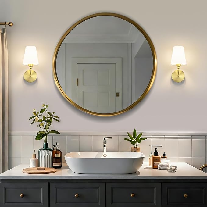 Modern Bathroom Vanity Light, Brushed Gold Bathroom Light Fixtures, Set of 2 Lighting Fixtures Over Mirror, Modern Wall Sconce with Flared White Fabric Shade, E26 Socket(ETL Listed)
