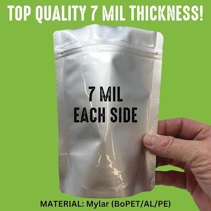 50 Mylar Bags for Food Storage, Airtight 7-Mil Thick Gusseted Zip Lock, Long Term, Reusable, Emergency Food Supply & Freeze Dryer Bags - 1 Pint 6x8 Inch