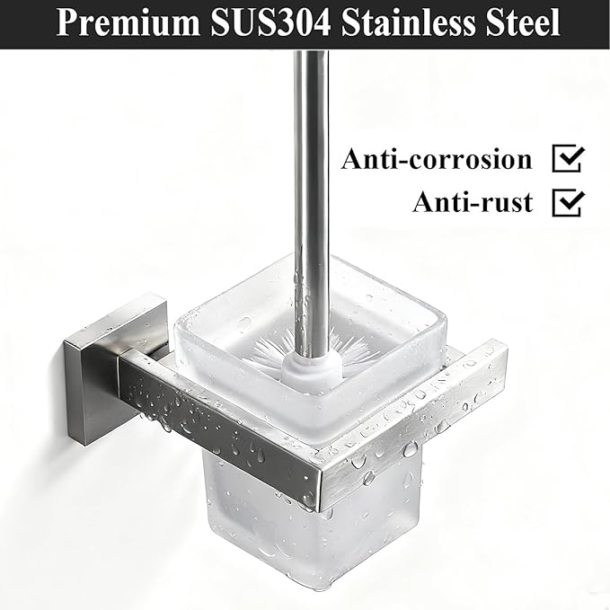 Toilet Brush and Holder Set, NEWRAIN 304 Stainless Steel Wall Mounted Toilet Brush with Long Brush Handle, Brushed Nickel Toilet Scrubber, Glass Canister