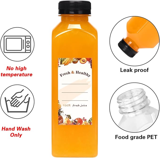 Moretoes 56pcs 16oz Plastic Juice Bottles with Caps, Clear Empty Containers with Brush Funnel and Labels for Coffee Smoothies Ginger and Other Beverages