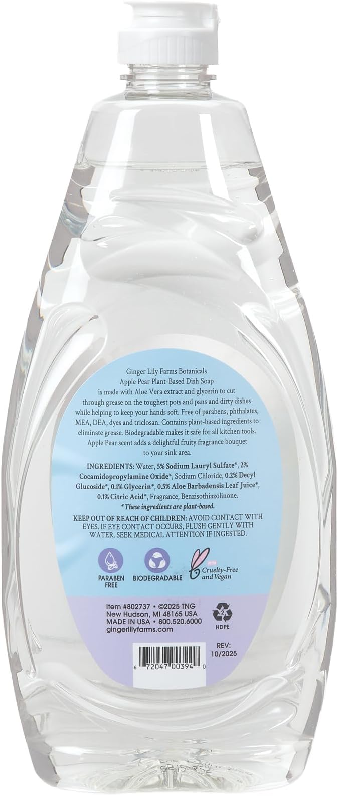 Ginger Lily Farms Botanicals Plant-Based Liquid Dish Soap, Concentrated Formula with Max Grease Cleaning Power, Cruelty-Free, Apple Pear Scent, 24 Fl Oz (Pack of 8)