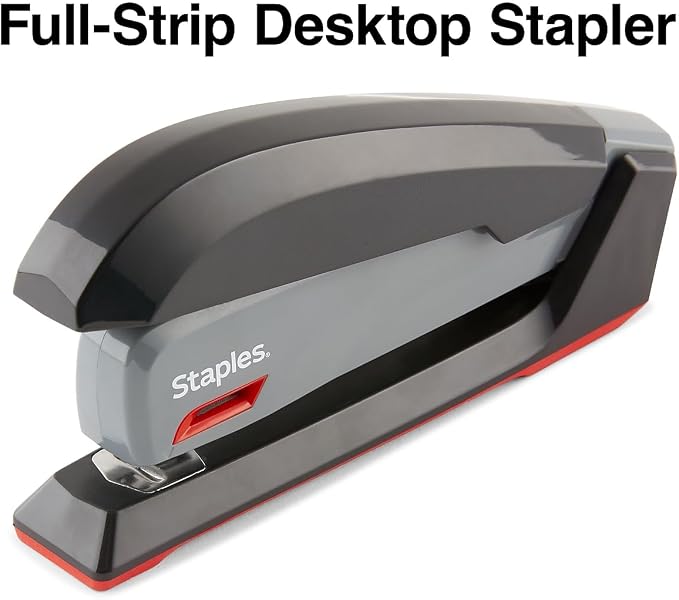 Staples One‑Touch Desktop Staplers, 20‑Sheet Capacity, Gray/Black/Red, 2‑Pack – Smooth‑Press Staplers