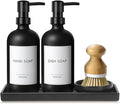 GMISUN Kitchen Soap Dispenser Set, 17 fl oz Dish Soap Dispenser with Ceramic Tray & Bamboo Brush for Kitchen, 2Pcs Matte Black Glass Hand and Dish Soap Dispenser Set, Refillable Soap Bottle Set