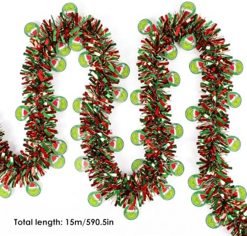 50 Feet Red Green Christmas Tinsel Garland, Metallic Foil Hanging Garland with Cartoon Character Cutouts, Xmas Decor for Fireplace Mantel Tree Railing Wall Holiday Party Decorations